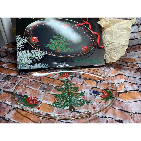 NEW Crystal Clear Studios Holiday Festival 24K Gold Rim Oval Platter #212/122 - Picture 1 of 4